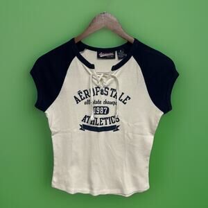 Vintage 90s Y2K Baby Tee Baseball Lace Up Aeropostale Graphic Grunge Medium Punk
